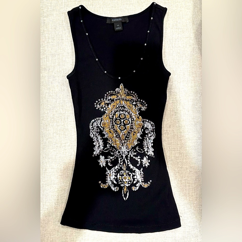 Express Tank Top Women’s Size XS. Black, rhinestones, gold and silver